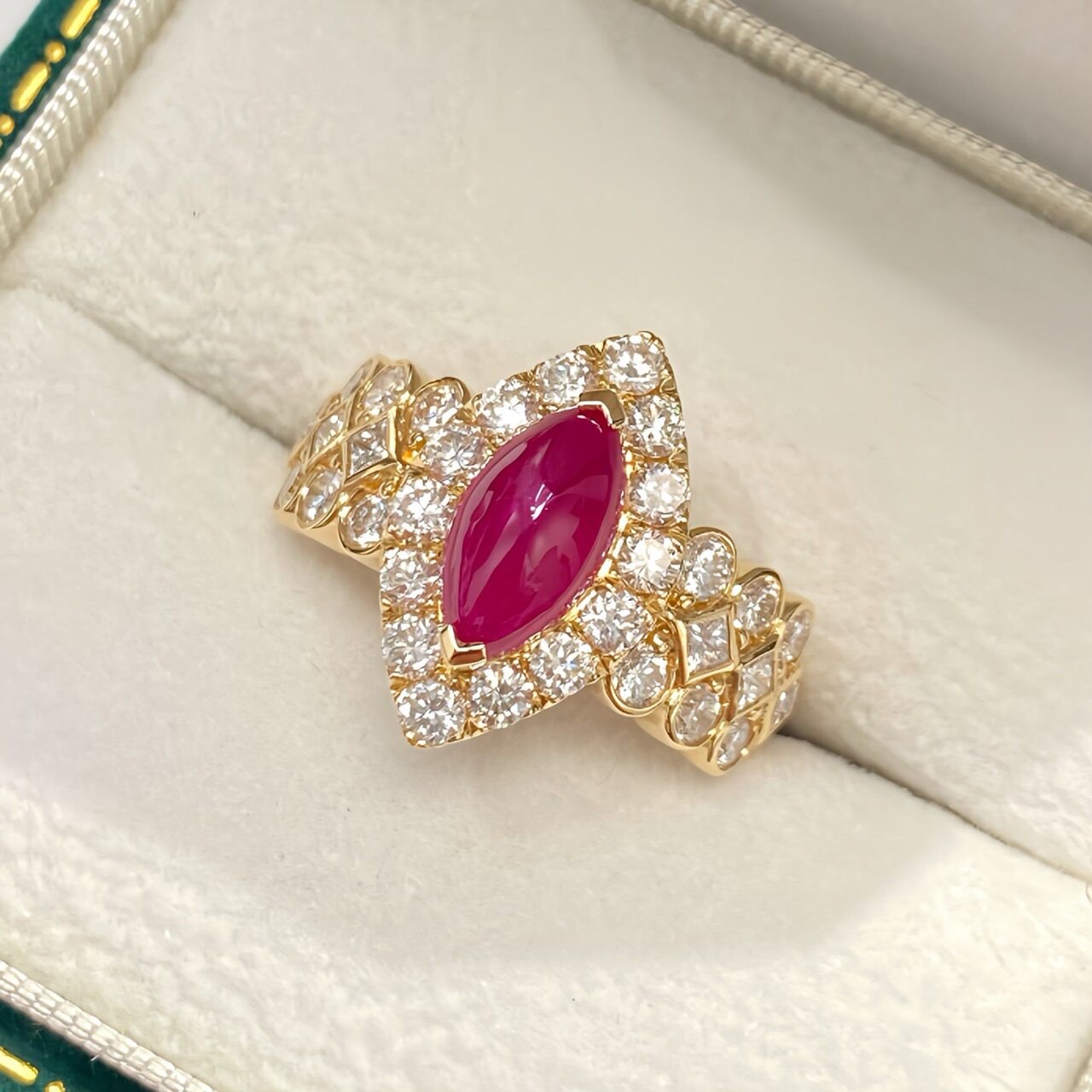 1.88ct Ruby Cabochon Ring, set in 18K gold, elegant design