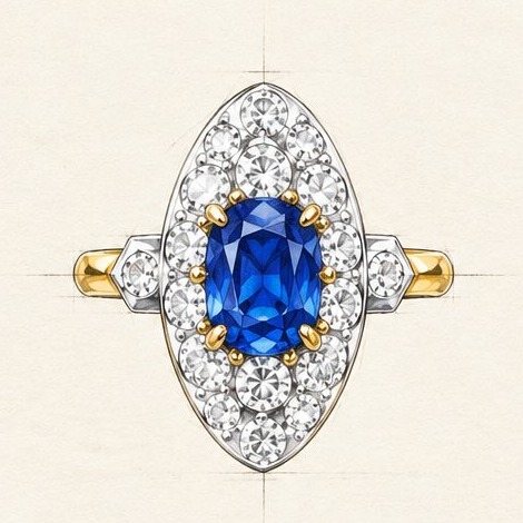 Front view of the finished sapphire ring